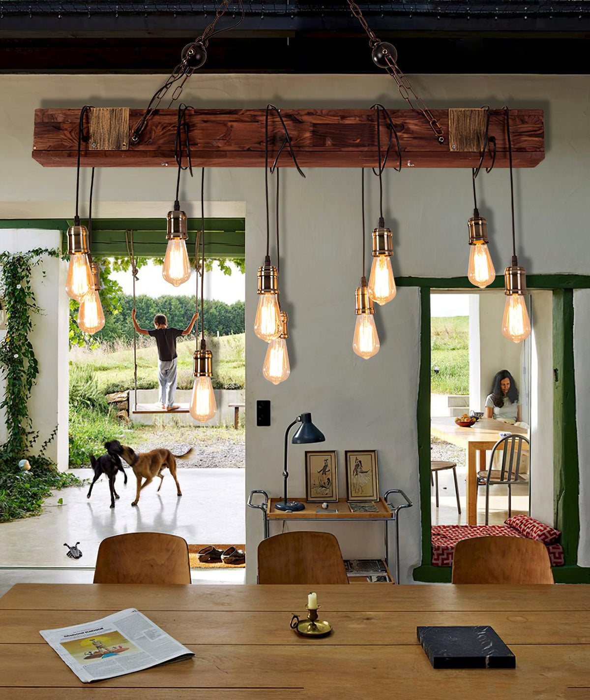 Wexb Kroonluchter Houten Balk Edison Bulb Rustieke Boerderijstijl