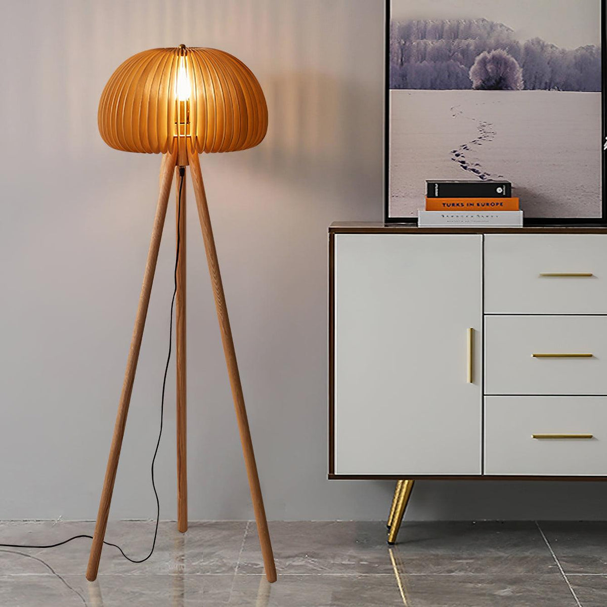 Zetalyre houten vloerlamp met driepoot
