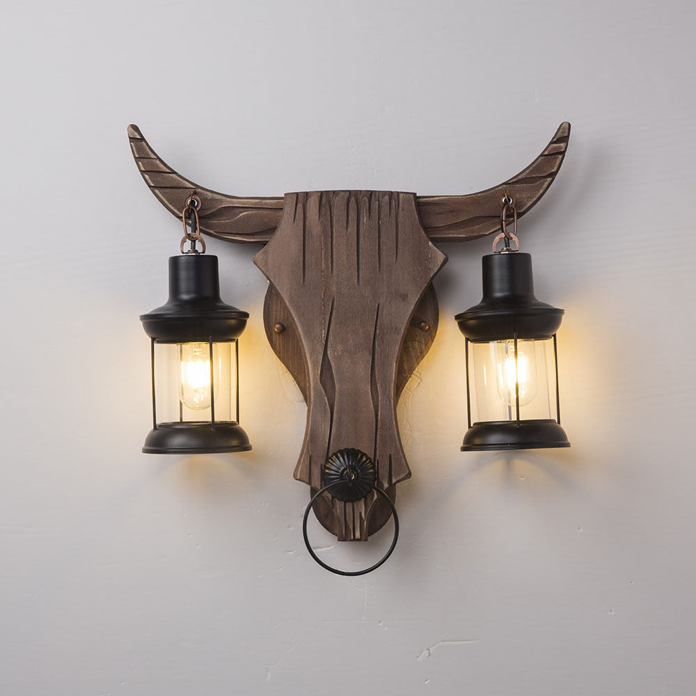 Austin Stier Vorm Vintage Wandlamp, 2 Koppen Hout/Metaal, Woonk/Eetk/ Slaapkamer