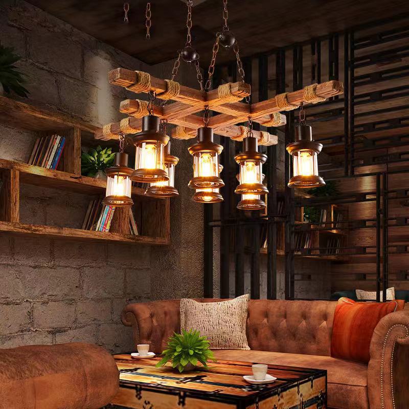 Austin Industriële LED Klassieke Kroonluchters Hout Glas Woonkamer