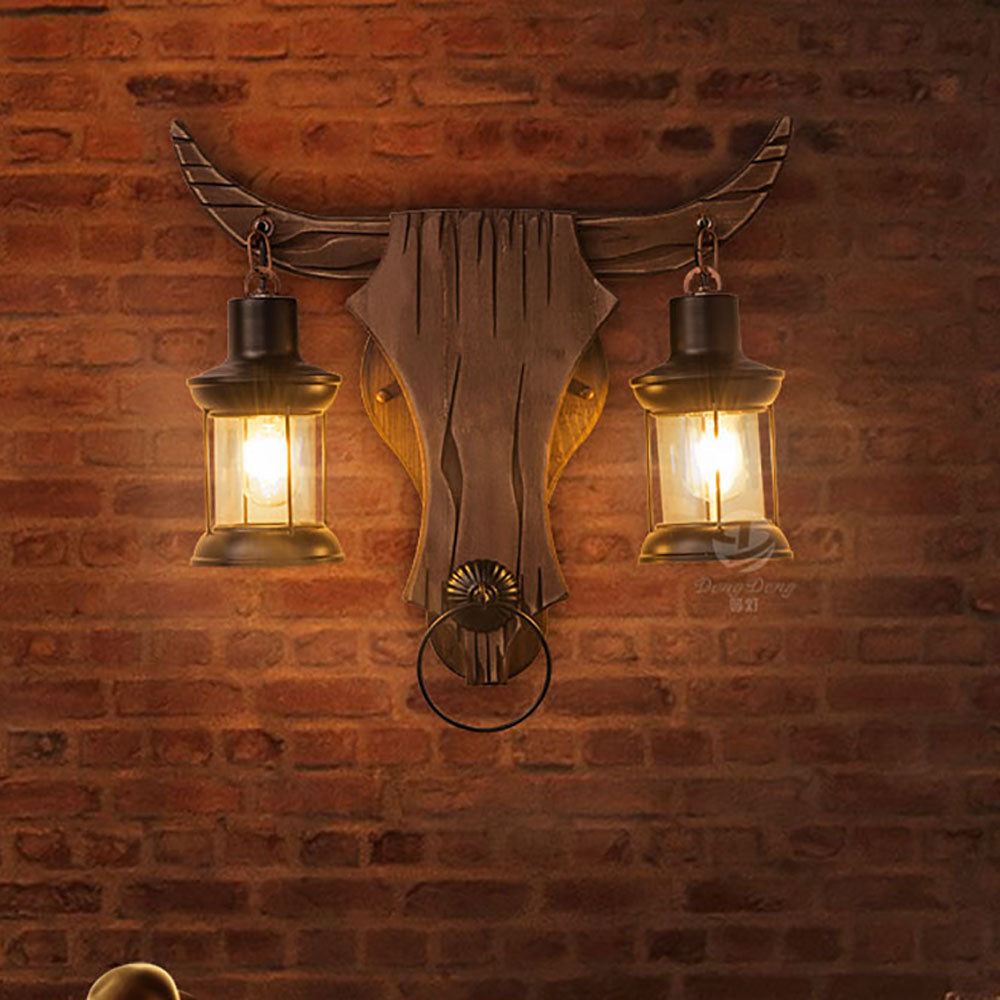 Austin Stier Vorm Vintage Wandlamp, 2 Koppen Hout/Metaal, Woonk/Eetk/ Slaapkamer