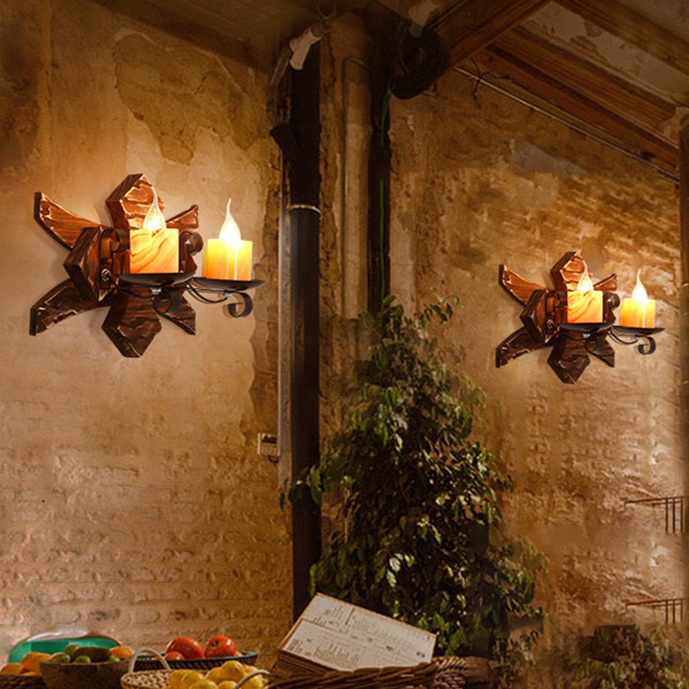 Austin Decoratief Vintage Kaars Dubbel Licht Hout Wandlamp, Woonk/Eetk/ Slaapkamer
