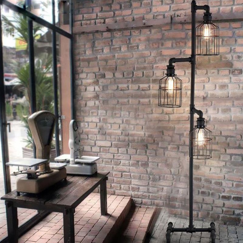 Alessio Retro Metalen Design Vloerlamp Met Vogelkooi 3 Koppen Zwart