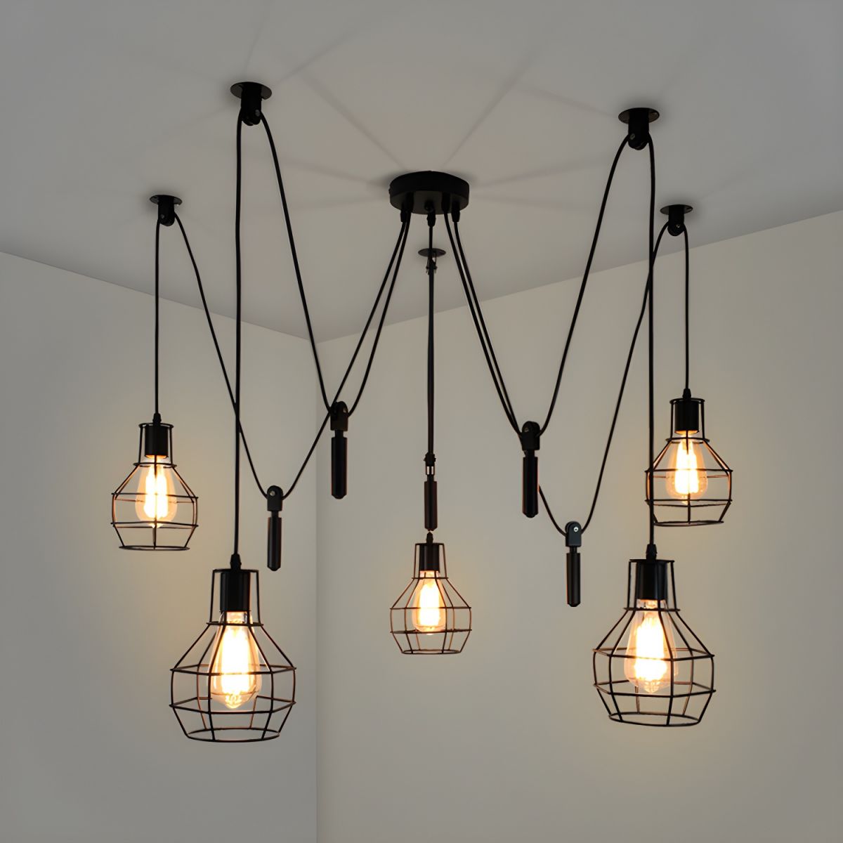 Alessio Industriële Hanglamp Met Metalen Kooi Led, Zwart Woonkamer Metaal