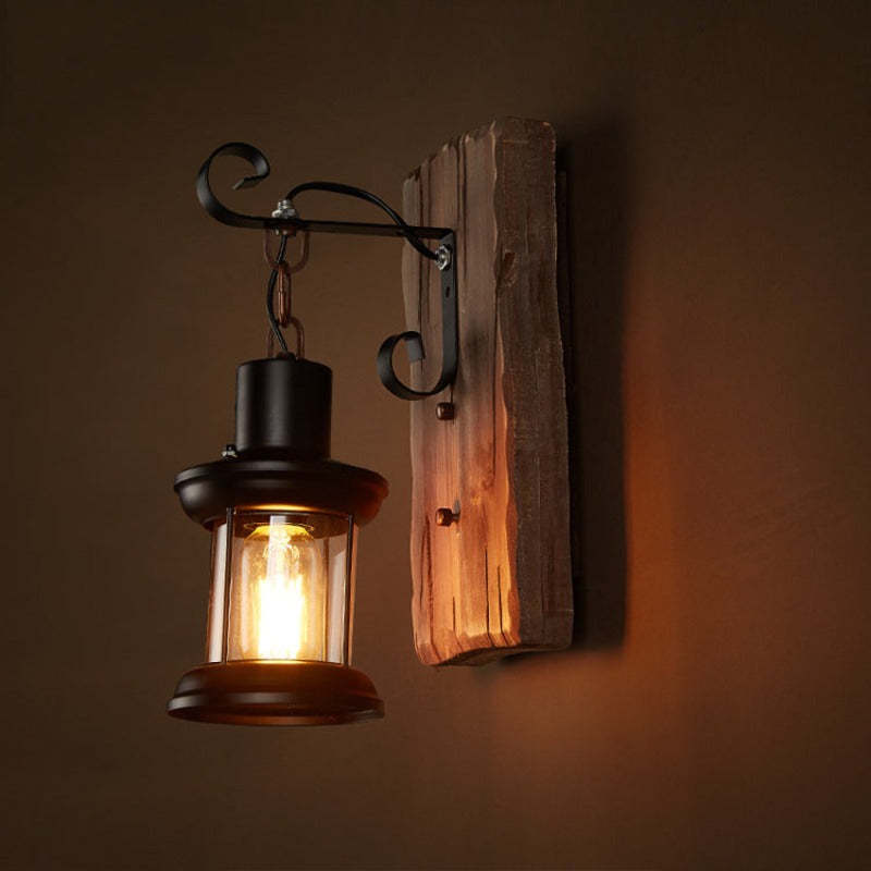Alessio Retro Lantern LED Wandlampen Zwart Bronze Metaal Hout Slaapkamer