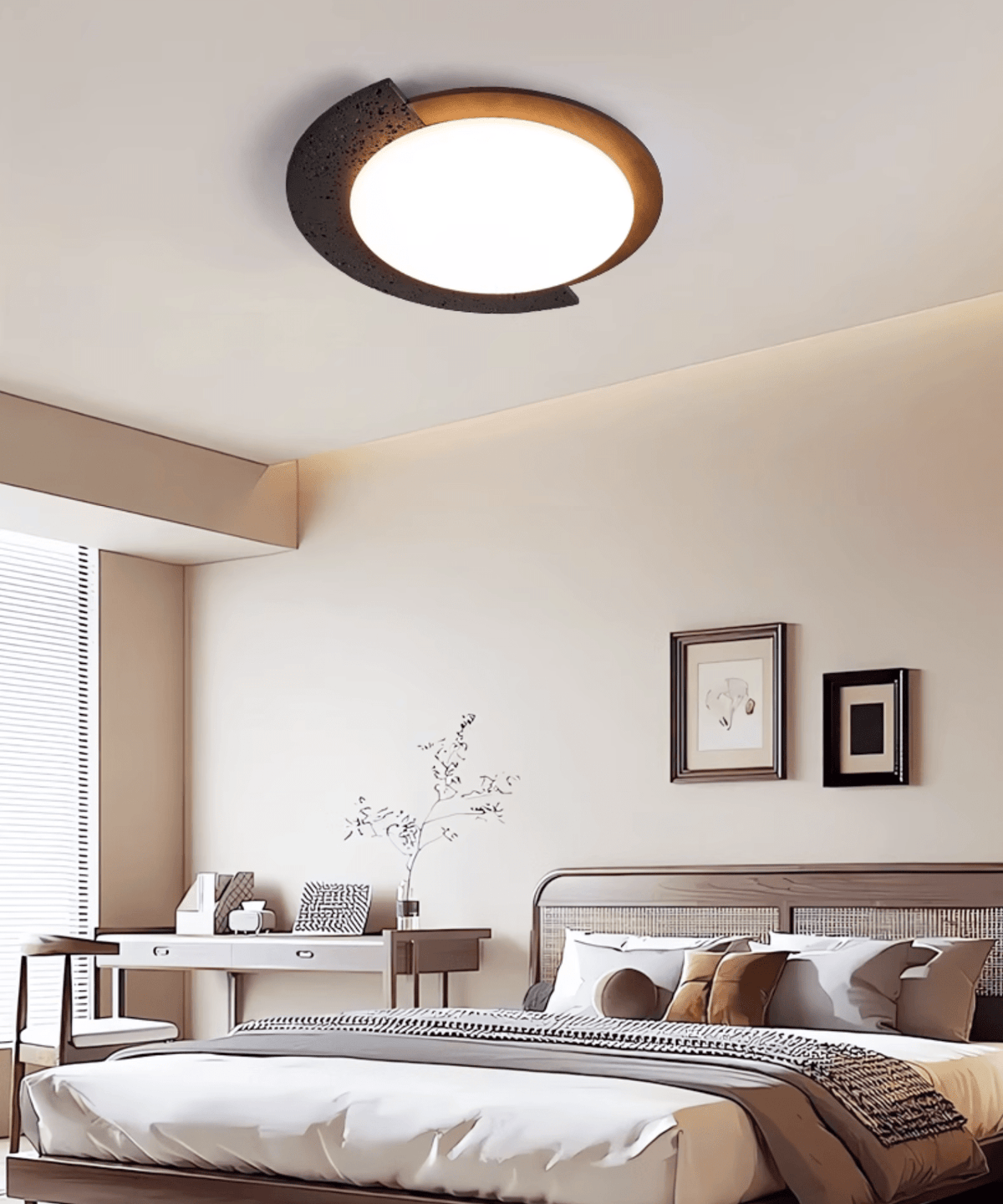 Taveira asymmetrische plafondlamp van zwarte travertin en donker walnoot