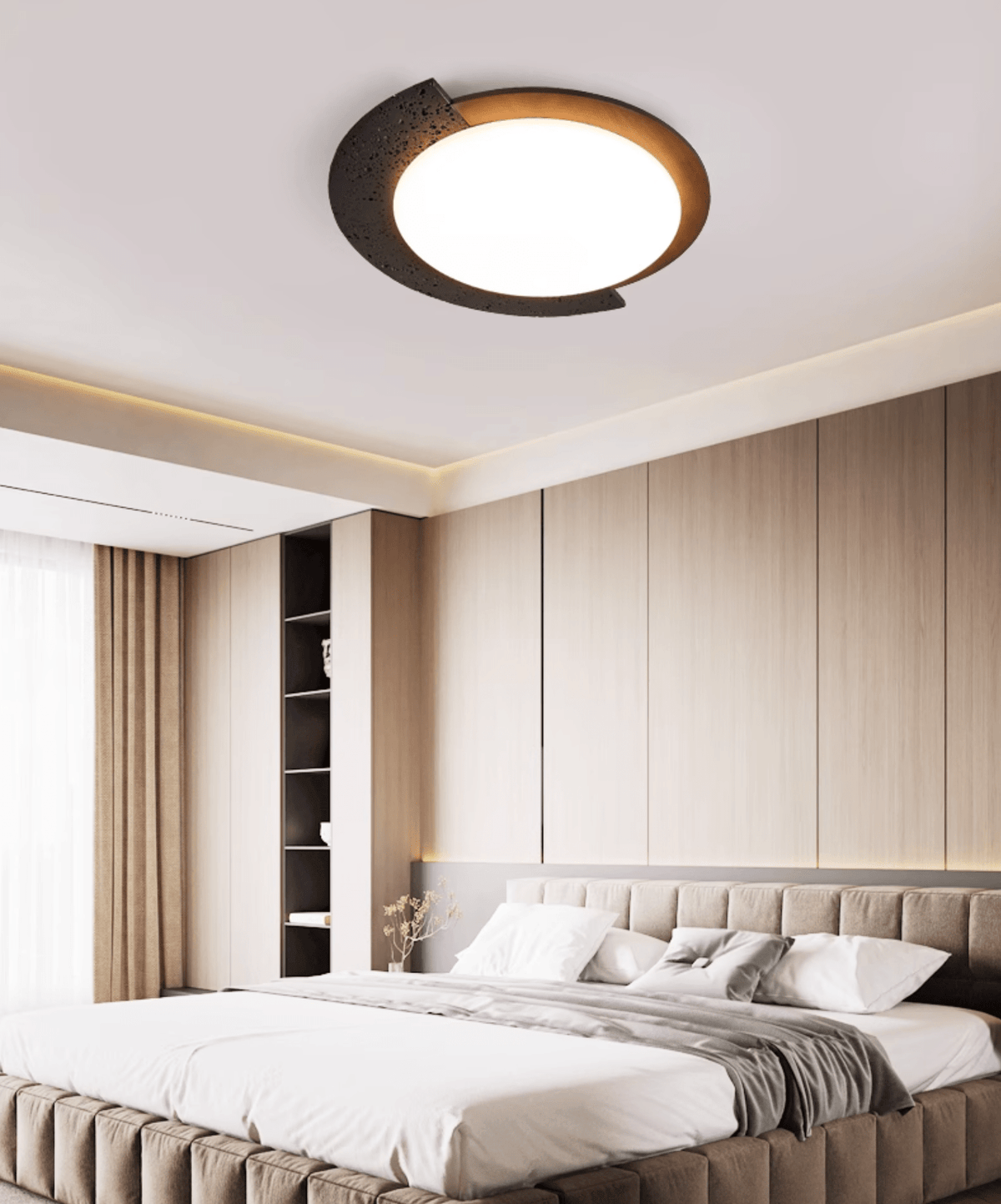 Taveira asymmetrische plafondlamp van zwarte travertin en donker walnoot