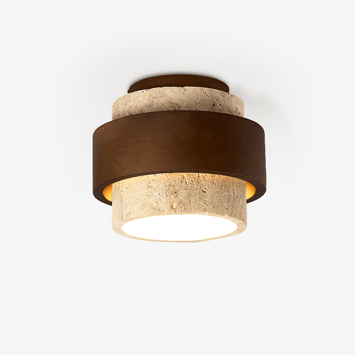 Perra plafondlamp met geconcentreerde ringen van travertin en donker walnoot