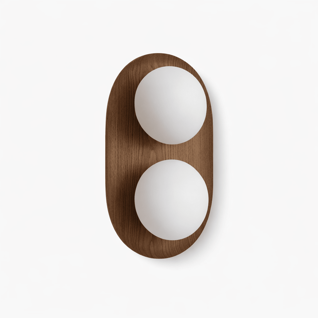 Twin Orb wandlamp met eiken achterplaat