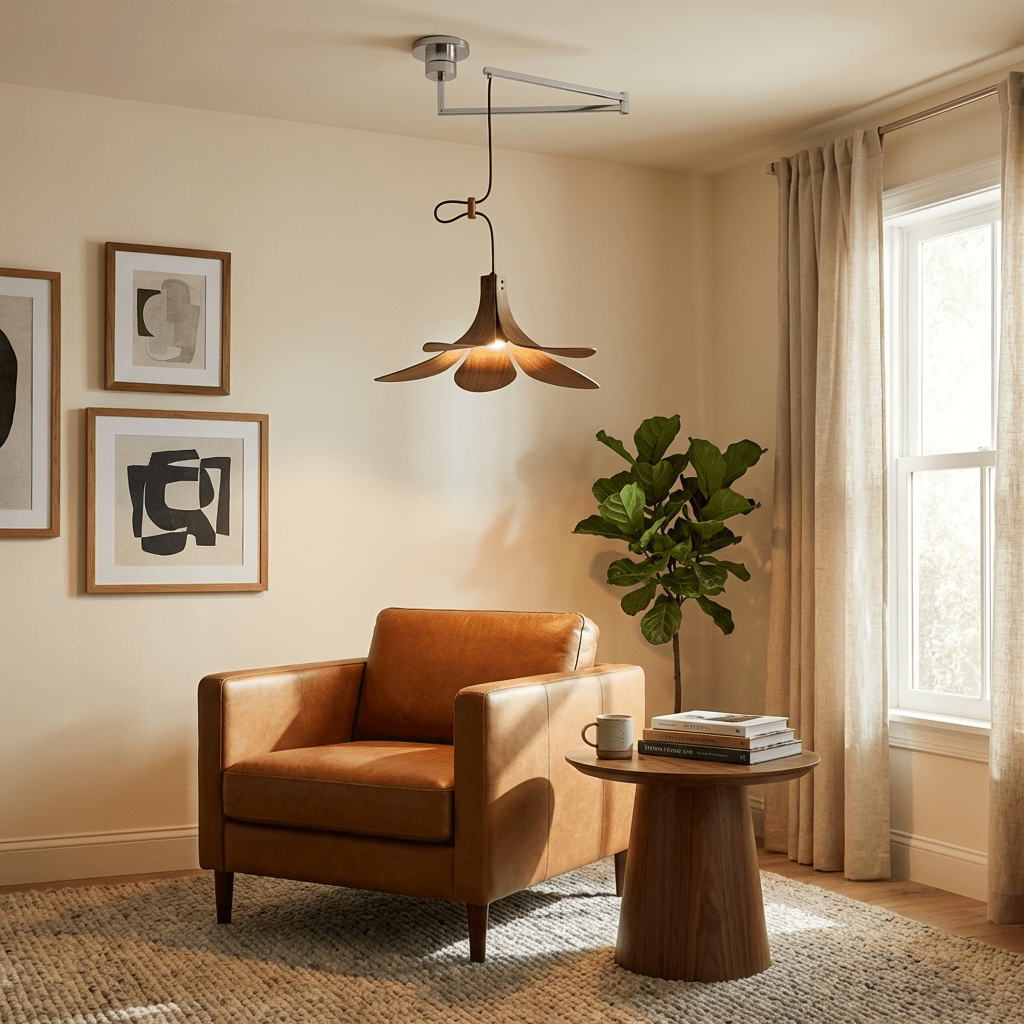 Sylaliella hanglamp met beweegbaar armatuur en conische houten kap