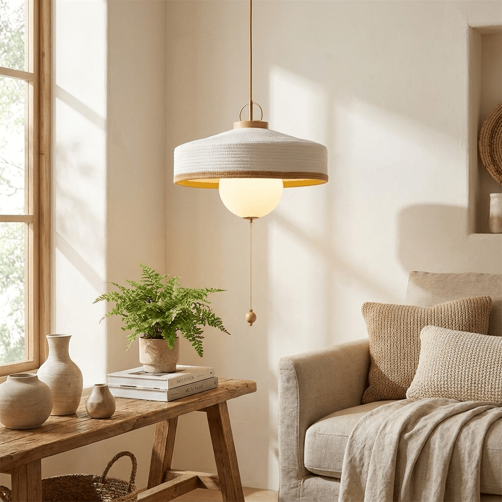 Avielle hanglamp met bolvormige kap van geweven textiel