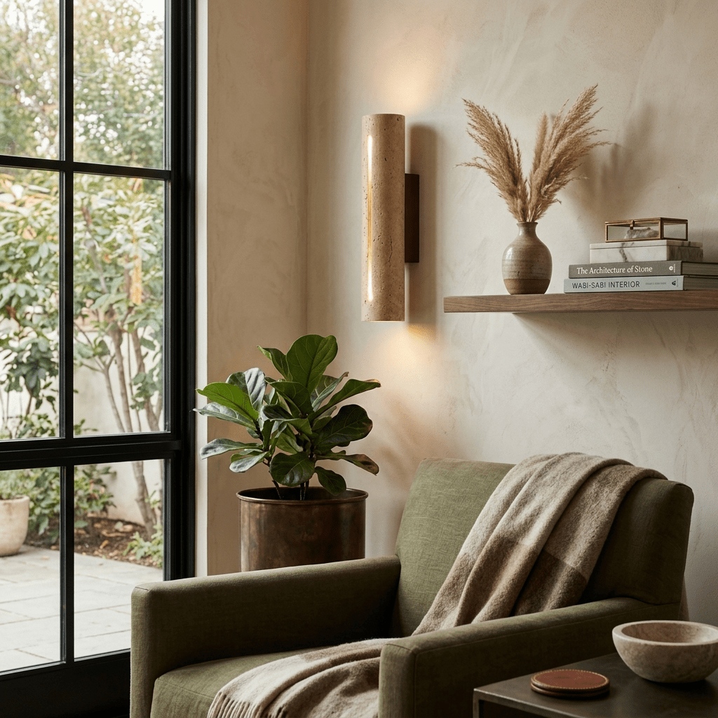 Orvane wandlamp van travertin en walnoothout