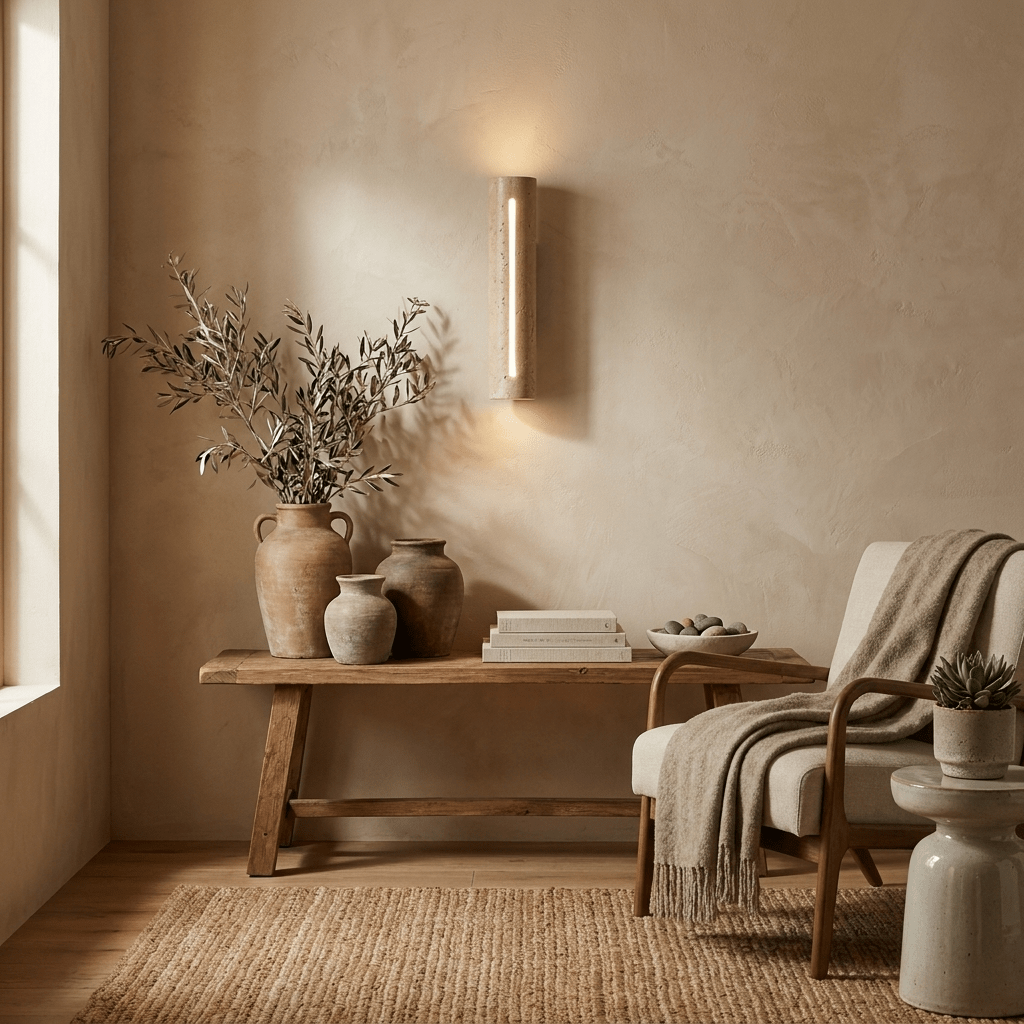 Orvane wandlamp van travertin en walnoothout