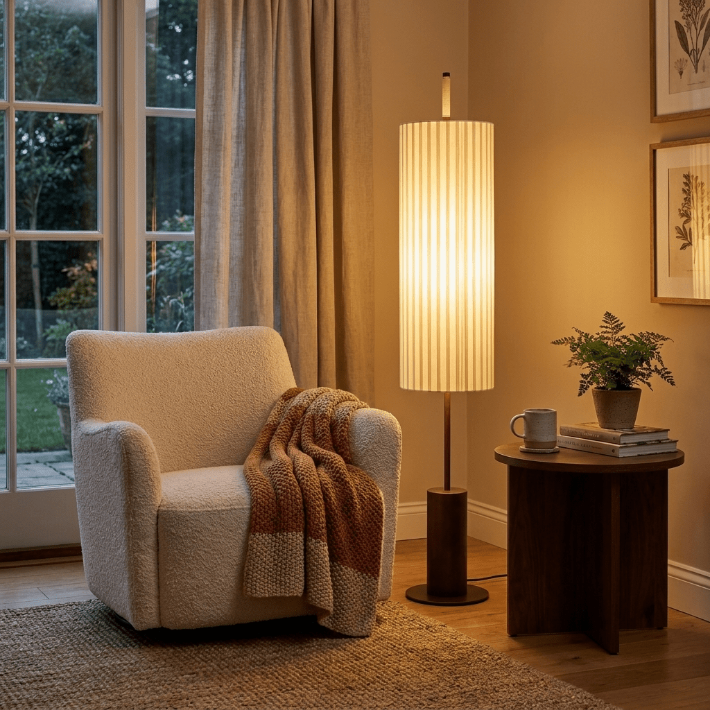 Novalise Cylinder vloerlamp met geplooide kap en slank donker voetstuk