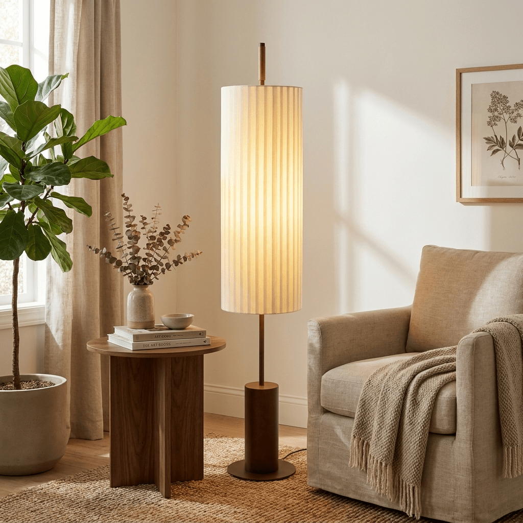 Novalise Cylinder vloerlamp met geplooide kap en slank donker voetstuk