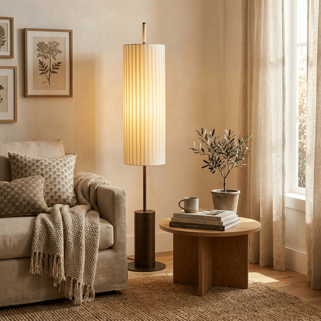 Novalise Cylinder vloerlamp met geplooide kap en slank donker voetstuk