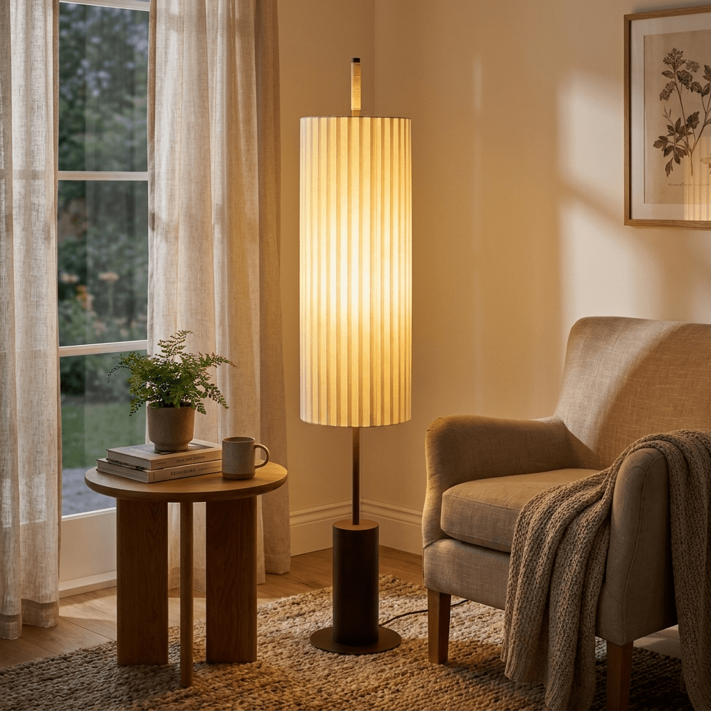 Novalise Cylinder vloerlamp met geplooide kap en slank donker voetstuk