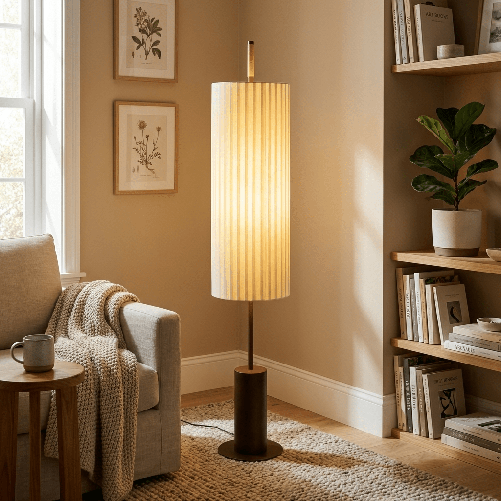 Novalise Cylinder vloerlamp met geplooide kap en slank donker voetstuk
