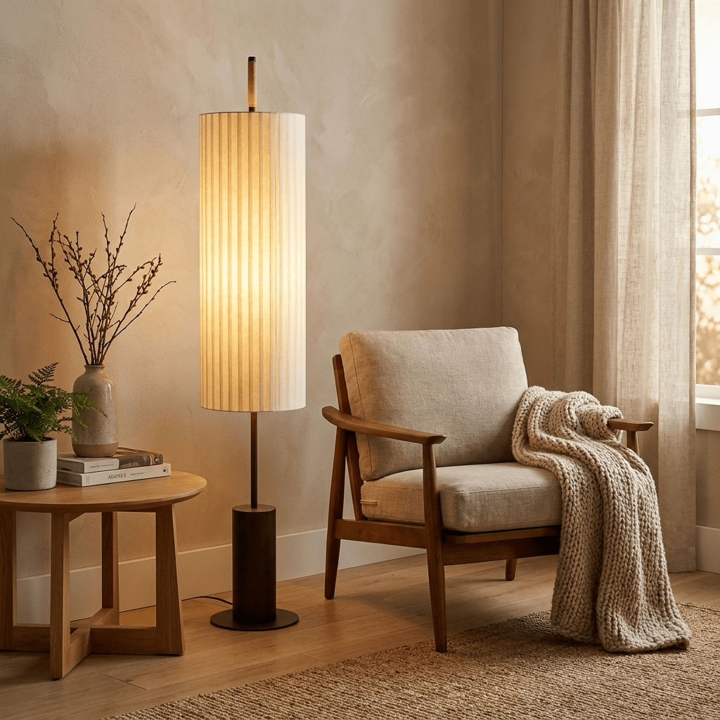 Novalise Cylinder vloerlamp met geplooide kap en slank donker voetstuk