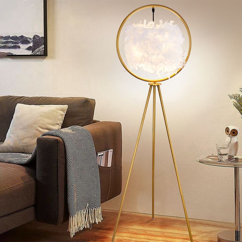 O'Moore Moderne Design Elegante Veren Ring Driepoot Vloerlamp Zwart/Goud Metaal/Stof Slaapkamer/Woonkamer
