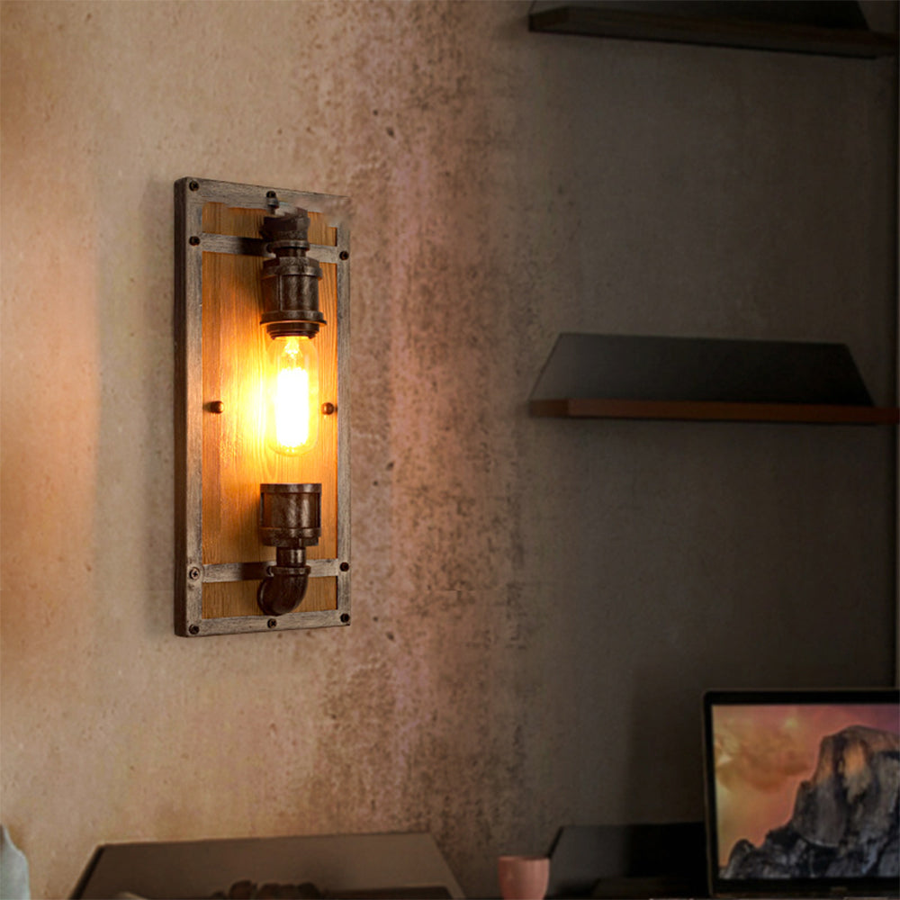 Alessio Wall Lamp Industrial Vintage Square Wooden Black Metal