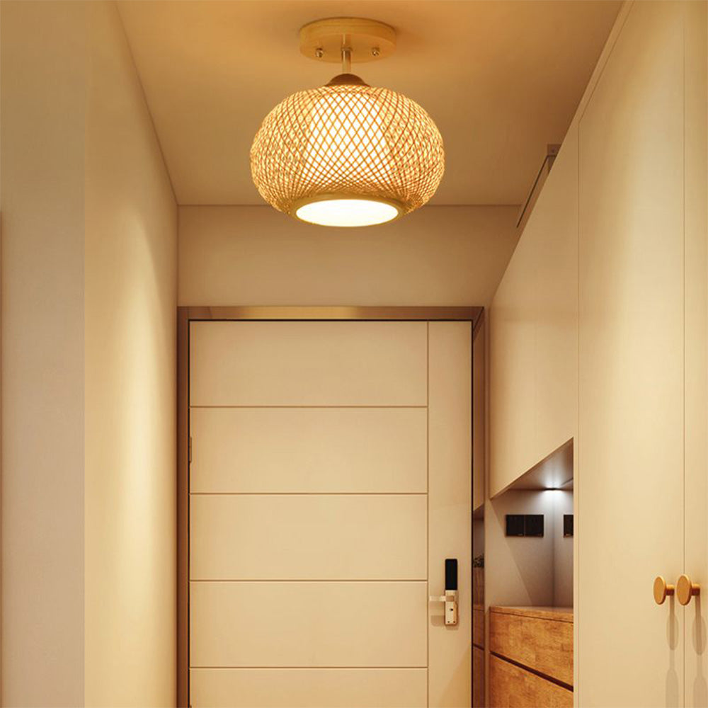 Muto Retro Lantaarnvorm LED Plafondlamp Geel Bamboe/PVC Slaapkamer/Woonkamer
