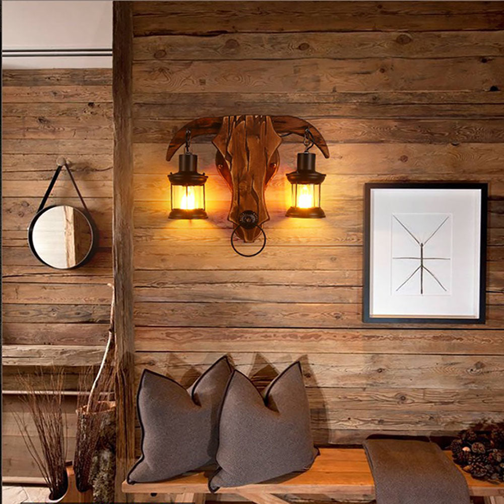 Austin Stier Vorm Vintage Wandlamp, 2 Koppen Hout/Metaal, Woonk/Eetk/ Slaapkamer