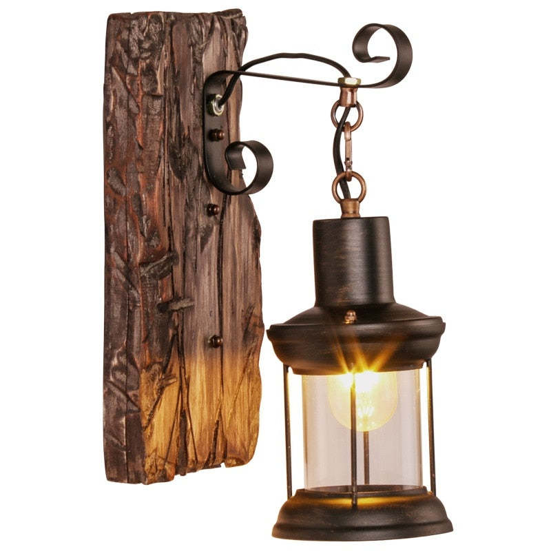 Alessio Retro Lantern LED Wandlampen Zwart Bronze Metaal Hout Slaapkamer