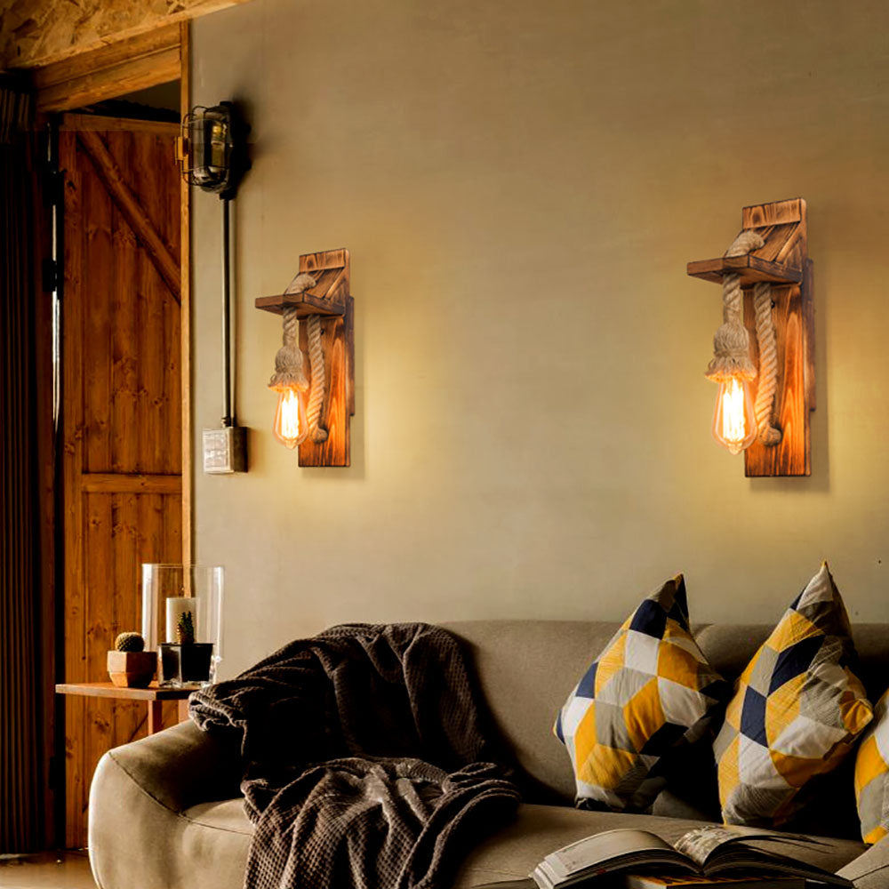 Austin Vintage Rechthoekige LED Wandlamp, Hout/Houtdraad, Woonk/Eetk/ Slaapkamer