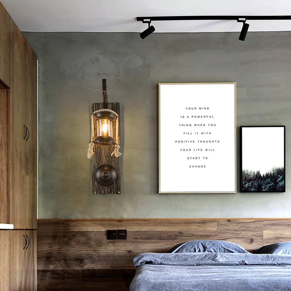 Alessio Wall Lamp Retro Lantern Ring Black Wooden, Bedroom