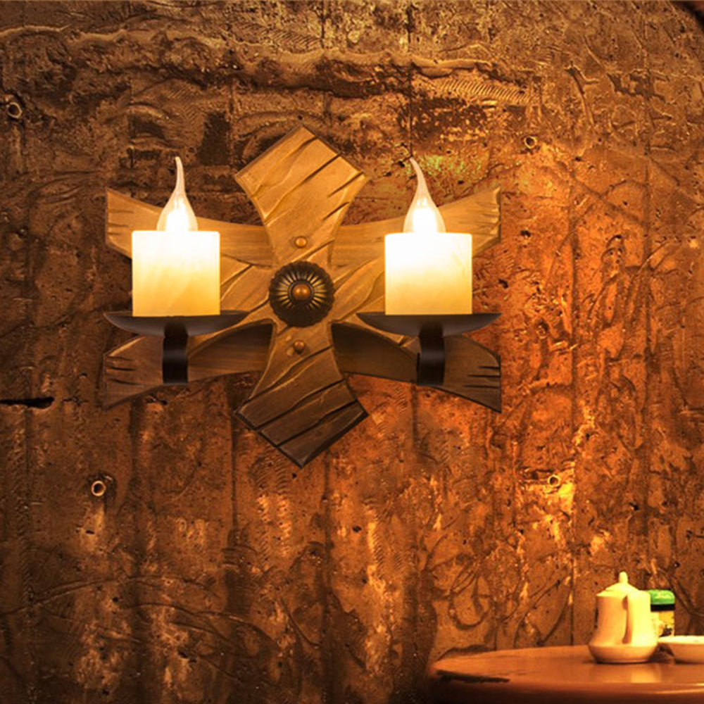 Austin Decoratief Vintage Kaars Dubbel Licht Hout Wandlamp, Woonk/Eetk/ Slaapkamer