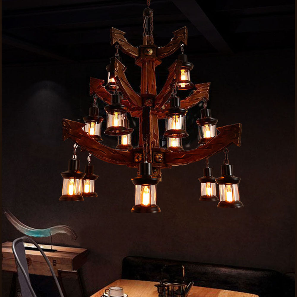 Austin Retro 14 Lantern Wood/Metal Chandelier