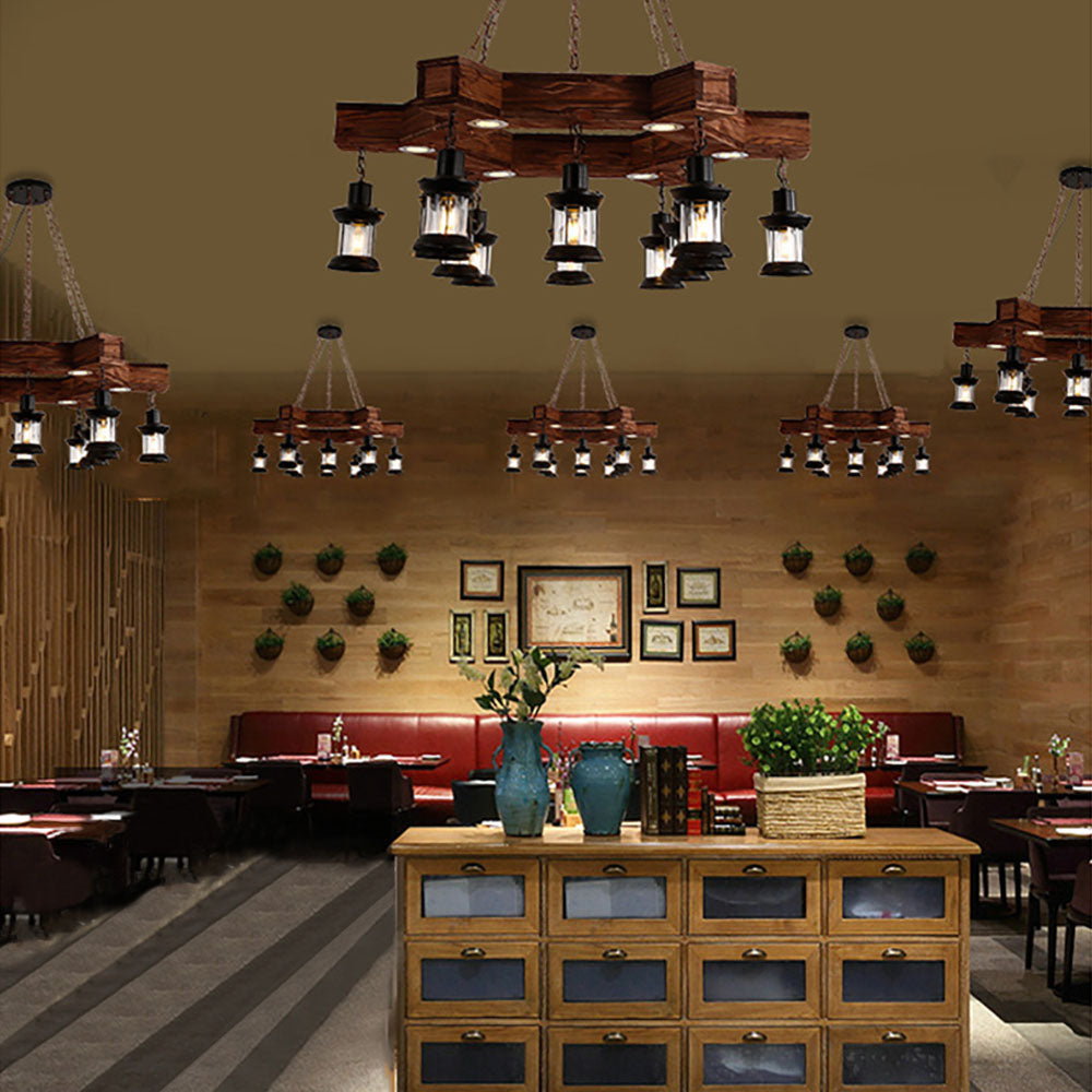 Austin Retro Metal/Wood Lantern Pendant Light, Walnut