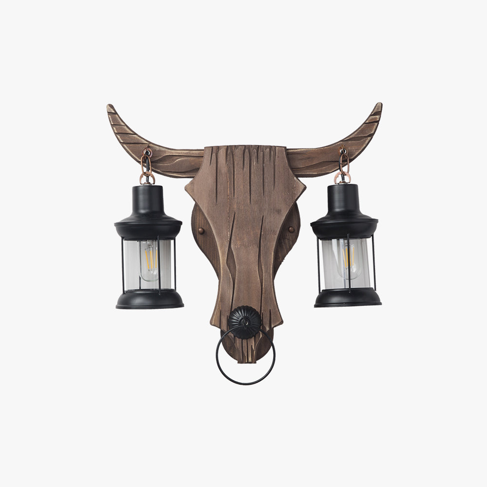 Austin Stier Vorm Vintage Wandlamp, 2 Koppen Hout/Metaal, Woonk/Eetk/ Slaapkamer
