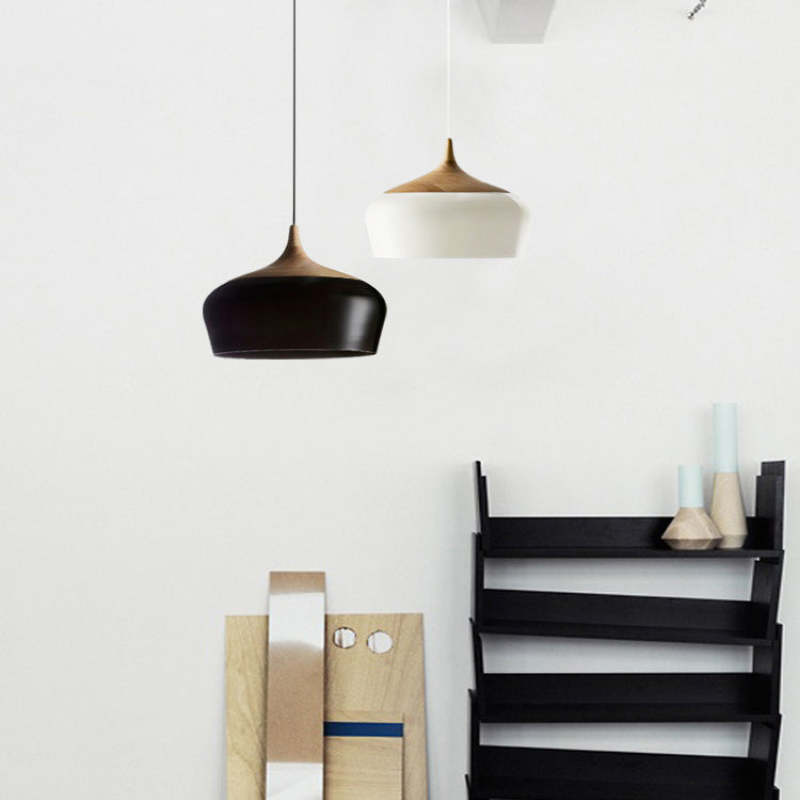 Nazifa Ronde LED Hanglampen Zwart Wit Metaal Hout Eetkamer Slaapkamer