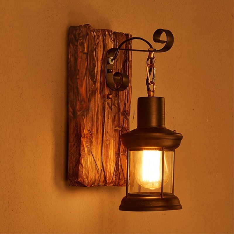 Alessio Retro Lantern LED Wandlampen Zwart Bronze Metaal Hout Slaapkamer