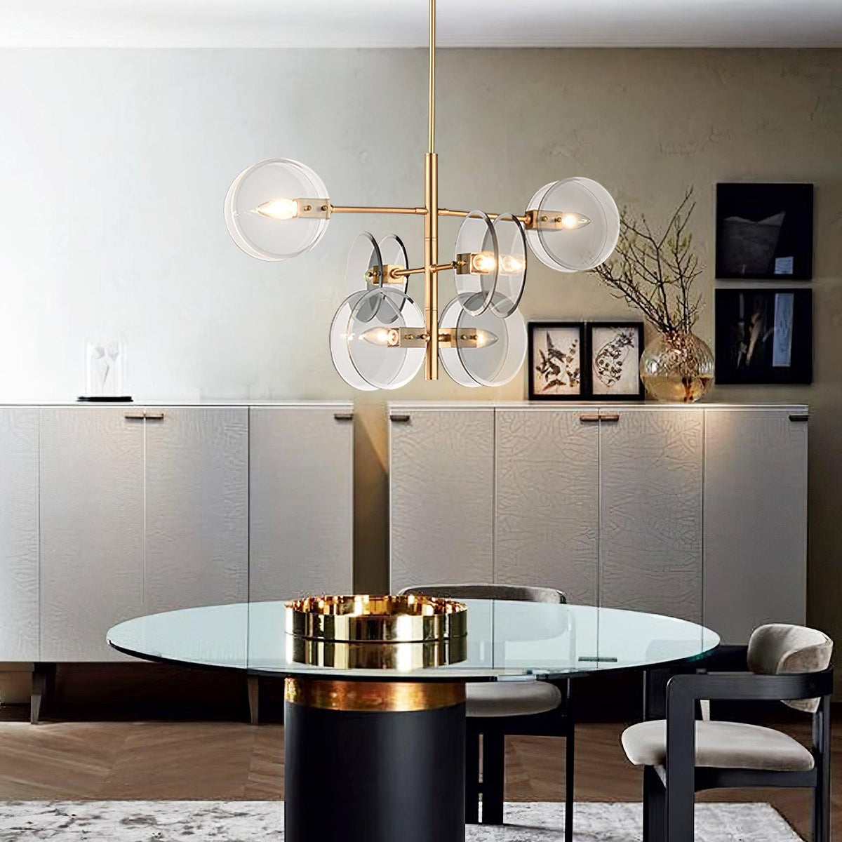 Celanine kroonluchter met rookglas en ronde lagen
