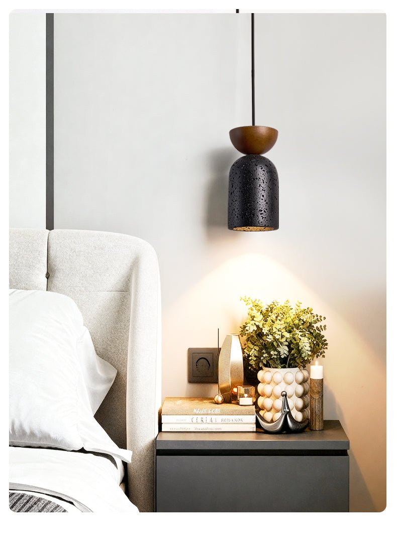 Iris hanglamp met zwarte travertin en donker walnoot