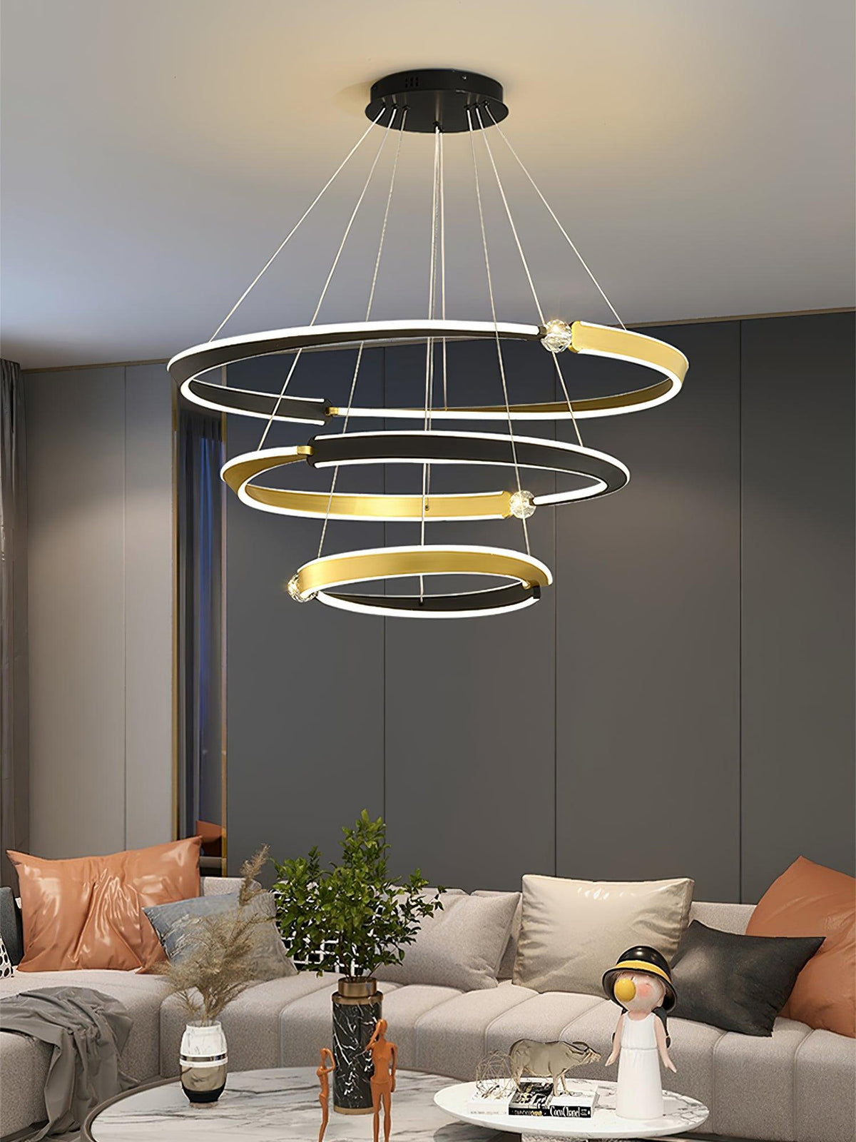 Elyerora kroonluchter kristal zwart goud LED ring modern voor eetkamer