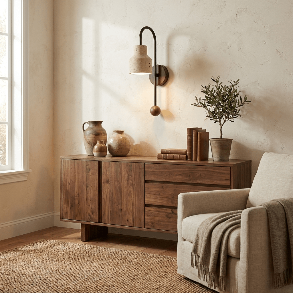 Bell wandlamp travertin Arc Walnoot Hout