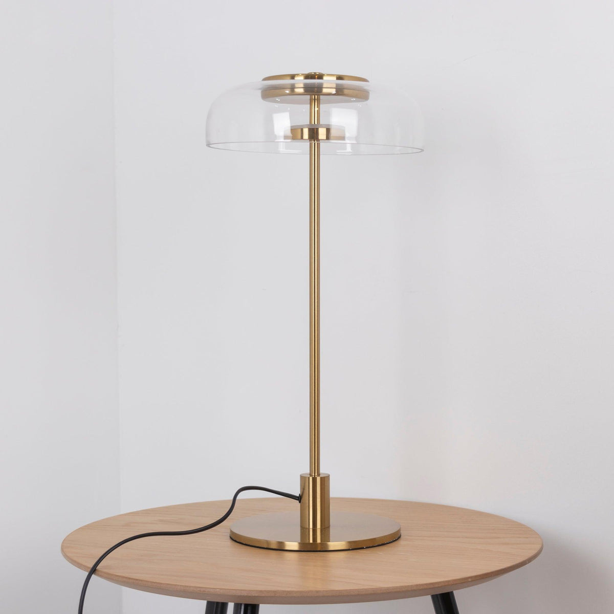 Rinelette tafellamp heldere glazen kap houten voet