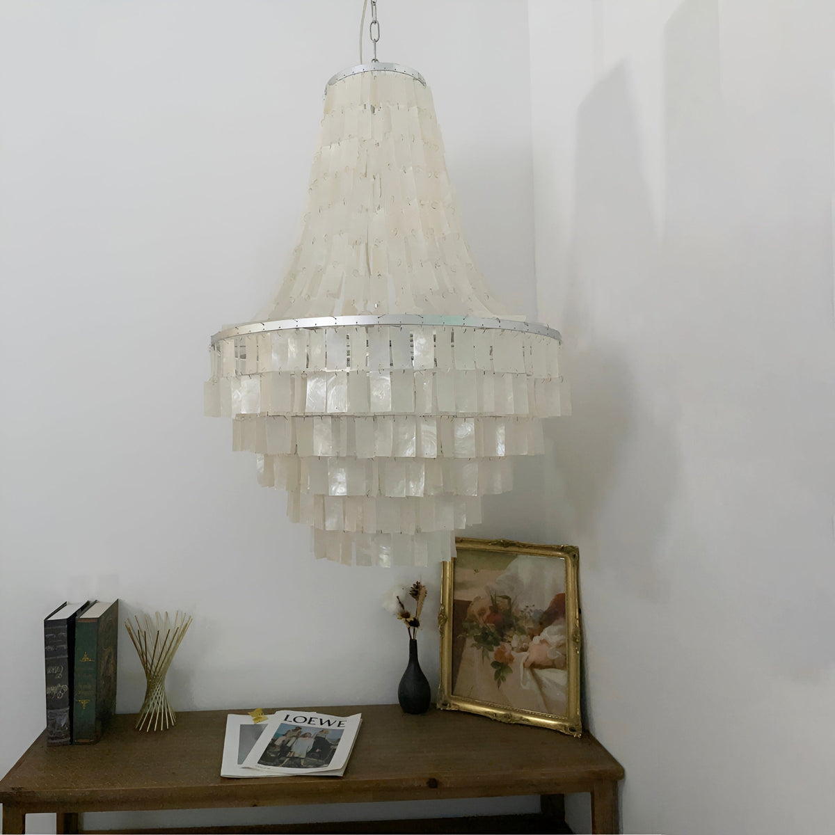 Naciira kroonluchter met Capiz schelpen in lagen, bohemian stijl