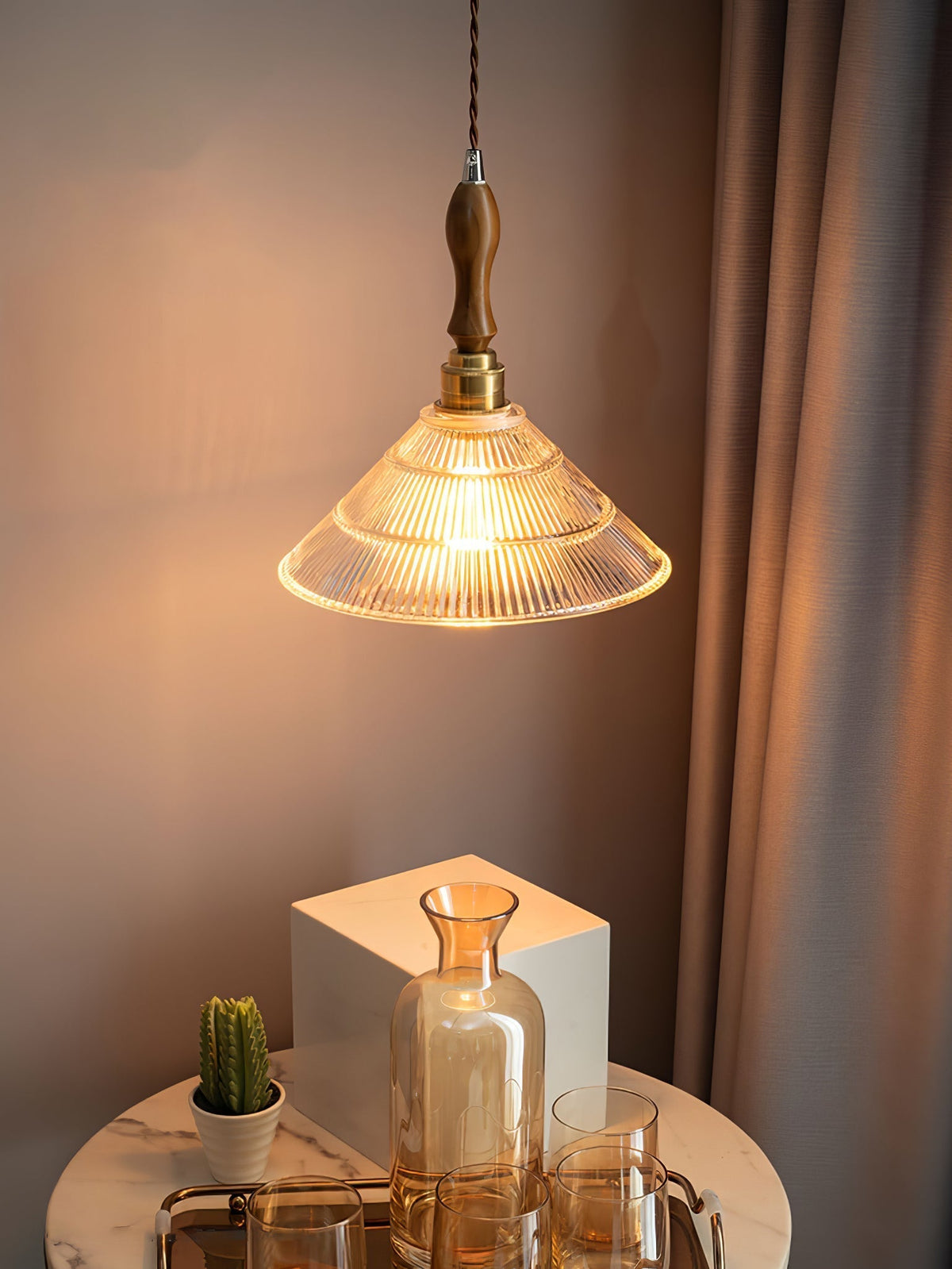 Arcara Vintage Ripple glas Hout hanglamp