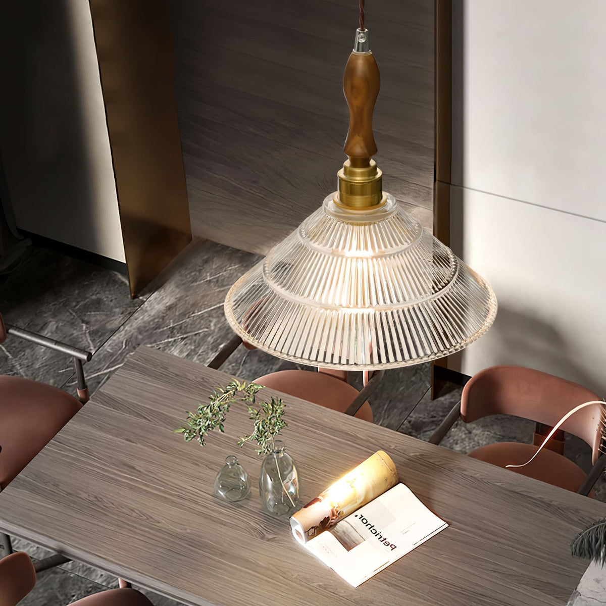 Arcara Vintage Ripple glas Hout hanglamp