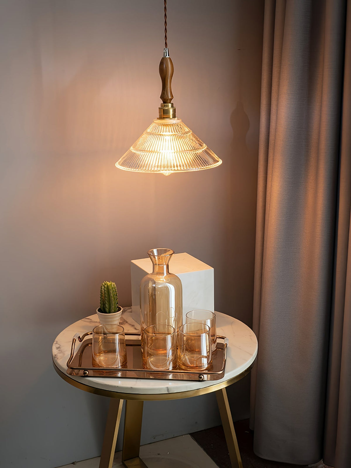 Arcara Vintage Ripple glas Hout hanglamp