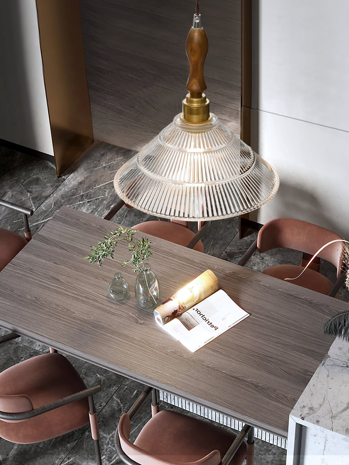 Arcara Vintage Ripple glas Hout hanglamp