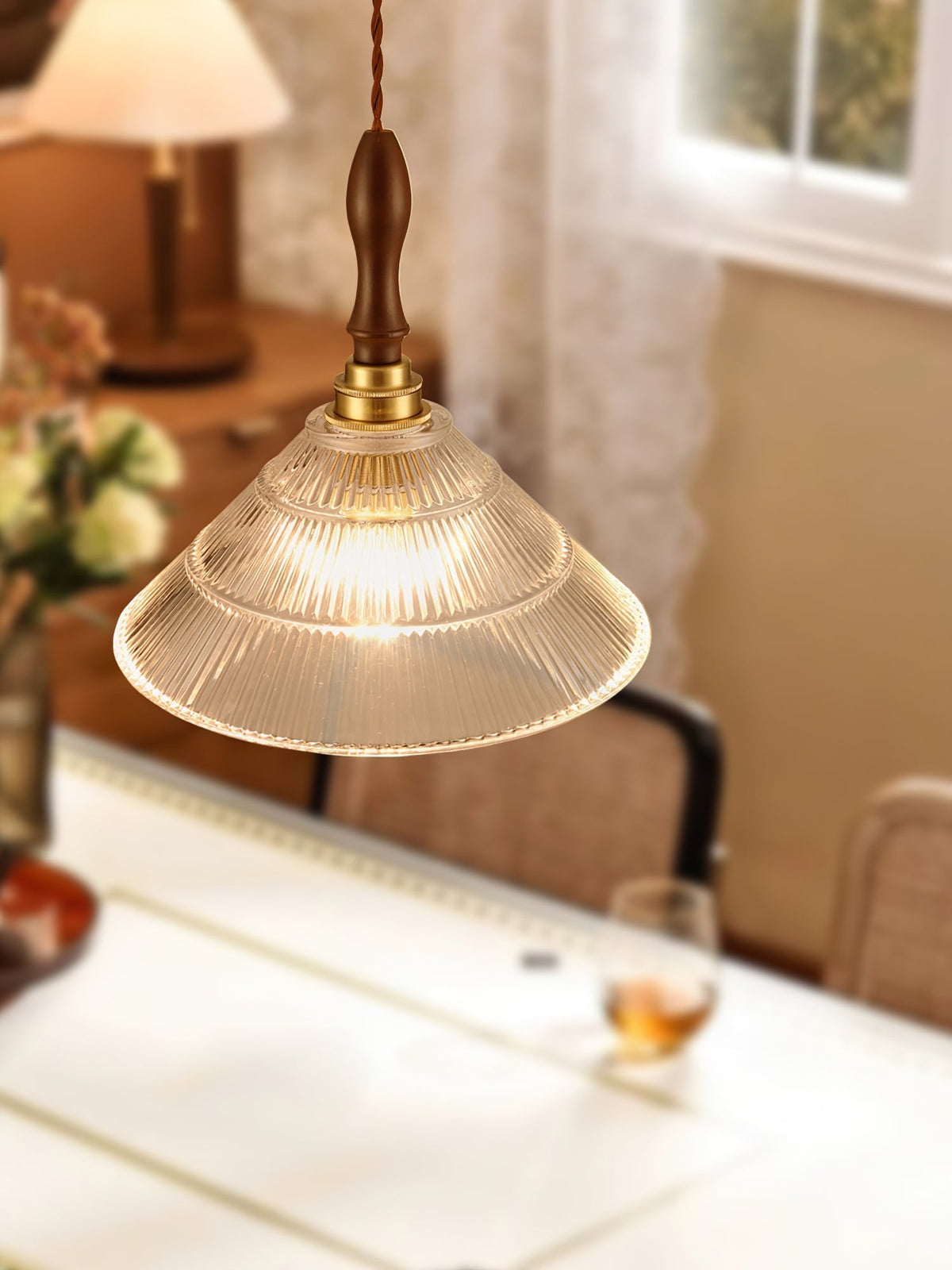 Arcara Vintage Ripple glas Hout hanglamp