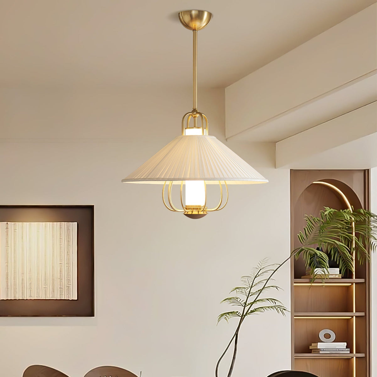 Solisiella hanglamp stof goud LED voor eetkamer