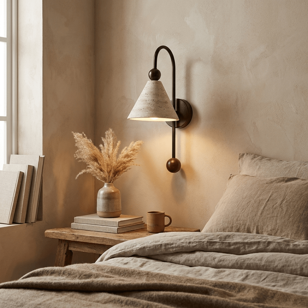Cone wandlamp travertin walnoothout
