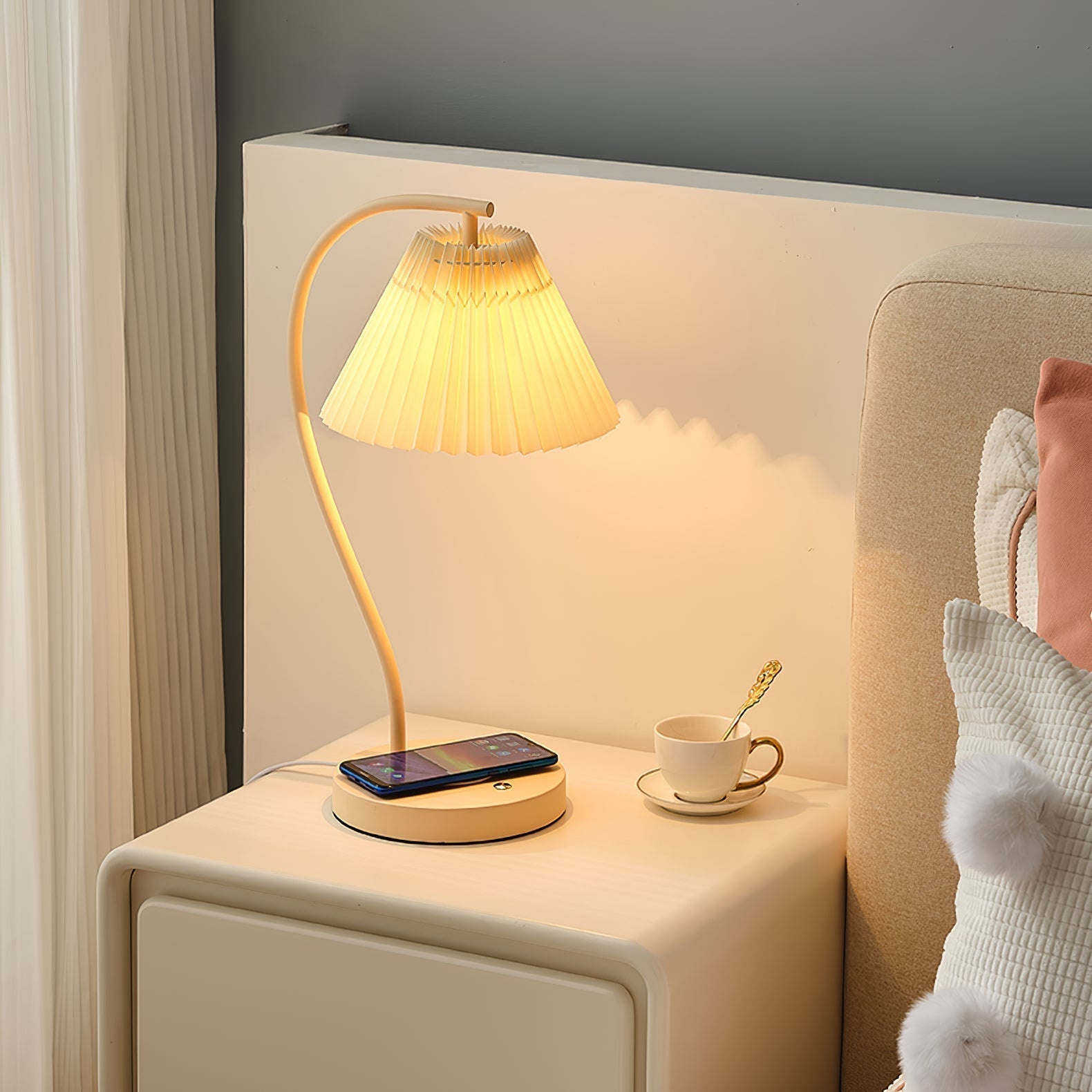 Sano Moderne Scandinavische Gebogen Keramiek/Stof Metaal Tafellamp Wit/Beige Slaapkamer/Woonkamer